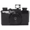 ILFORD PIXIE 35 mm juostinis fotoaparatas – sidabrinis/juodas, su blykste ir automatiniu fokusavimu