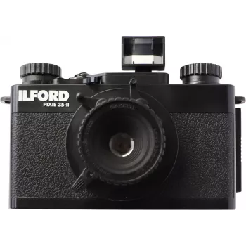 ILFORD PIXIE 35 mm juostinis fotoaparatas – sidabrinis/juodas, su blykste ir automatiniu fokusavimu