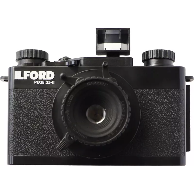 ILFORD PIXIE 35 mm juostinis fotoaparatas – sidabrinis/juodas, su blykste ir automatiniu fokusavimu