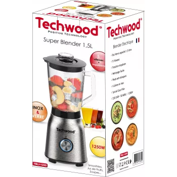 Techwood TBLI-1250 stalinis blenderis 1200 W 1,5 l stiklinis indas juodas/sidabrinis