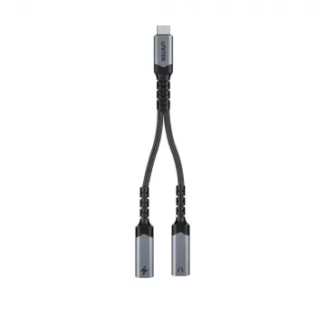 Unitek USB-C garso ir įkrovimo adapteris su 60W Power Delivery, 15 cm, kosminė pilka