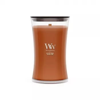 WoodWick Saffron Smoke didelė smėlio laikrodžio formos žvakė stiklainyje 609,5 g