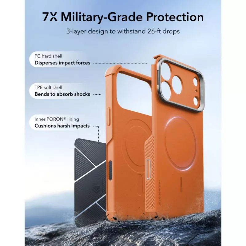 ESR Cyber Tough Kickstand MagSafe dėklas, skirtas iPhone 17 Pro / 18 Pro - oranžinis