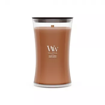 WoodWick Radiant Amber 609,5g kvapioji žvakė su medine dagtimi, iki 180 valandų degimo, smėlio laikrodžio formos stiklinėje