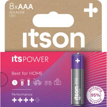 ITSON LR03IPO/8HH šarminės AAA baterijos – 8 vnt. pakuotė, 1,5V, 10 metų galiojimo laikas, be gyvsidabrio
