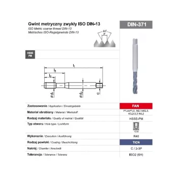TAP M10 DIN-371C R40 (6H) HSSE-PM TiCN FAN sriegtuvas mašininis