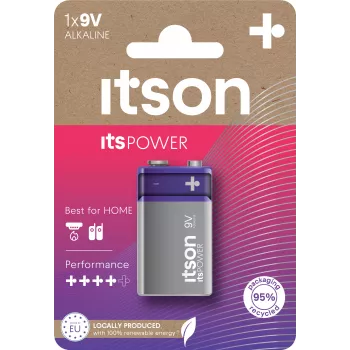 ITSON 6LR61IPO/1CP Šarminė 9V baterija (6LR61, PP3, 1 vnt.) – be gyvsidabrio, 5 metų galiojimo laikas