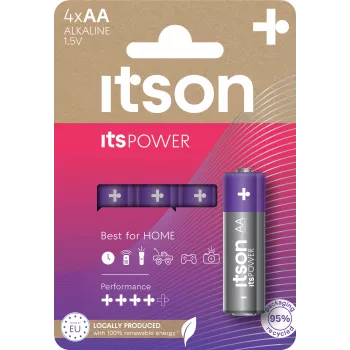 ITSON LR6IPO/4CP šarminės AA baterijos, 4 vnt. pakuotė, 1,5V, ilgas galiojimo laikas
