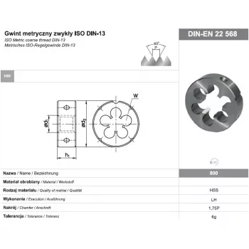 NO NAME FANAR DIE M16 LEFT THREAD Apvalus sriegimo įtvaras, HSS, DIN 223, 6g, metrinis M16 x 2,0 mm, kairiarankis
