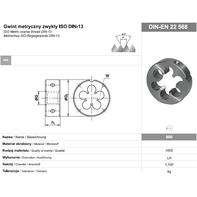 NO NAME FANAR DIE M16 LEFT THREAD Apvalus sriegimo įtvaras, HSS, DIN 223, 6g, metrinis M16 x 2,0 mm, kairiarankis