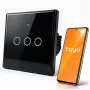 Qoltec 52713 išmanusis jutiklinis šviesos jungiklis 3 sekcijų Wi-Fi laikmatis Tuya Smart Life grūdinto stiklo juodas