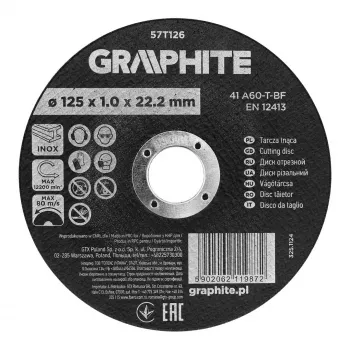 GRAPHITE 125 x 1,0 x 22,2 mm korundo pjovimo diskas metalui ir nerūdijančiam plienui, 41 A60-T-BF, 110 vnt. dėžėje