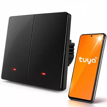 Qoltec 52708 Smart Wi-Fi 2 kanalų šviesos jungiklis su laikmačiu, Tuya Smart Life, juodas