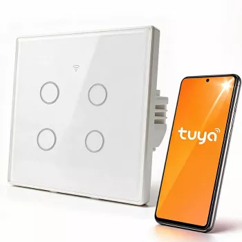 Qoltec 52718 Smart Touch 4 kanalų Wi-Fi jungiklis šviesai su laikmačiu, Tuya/Smart Life, grūdintas stiklas, baltas