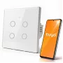 Qoltec 52718 Smart Touch 4 kanalų Wi-Fi jungiklis šviesai su laikmačiu, Tuya/Smart Life, grūdintas stiklas, baltas