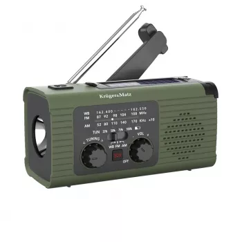 KM0836 Saulės energijos avarinis radijas su SOS signalu, 5000mAh power bank, LED žibintuvėliu ir rankine dinamo pavara, FM/AM, juodas