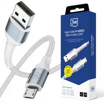 3mk Hyper Cable N-SERIES USB-A į Micro 1m 5V/2.4A 12W baltas