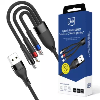 3mk Hyper Cable N-SERIES 3-in-1 USB-A į USB-C/Lightning/MicroUSB 1,2 m 9V/2A 18W juoda
