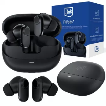 3mk FitPods BT 6.0 belaidės stereo ausinės su įkrovimo dėklu, Bluetooth 5.0, jutiklinis valdymas, IPX4, juodos