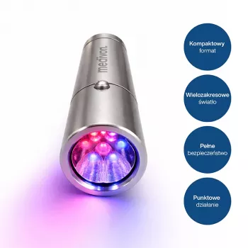 MEDIVON Lumix kompaktiška LED šviesos terapijos lempa, 5 bangų ilgiai 460–900 nm, 5 min. laikmatis, Li-ion akumuliatorius, sidabrinės spalvos