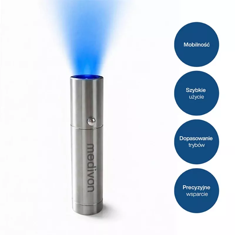 MEDIVON Lumix kompaktiška LED šviesos terapijos lempa, 5 bangų ilgiai 460–900 nm, 5 min. laikmatis, Li-ion akumuliatorius, sidabrinės spalvos