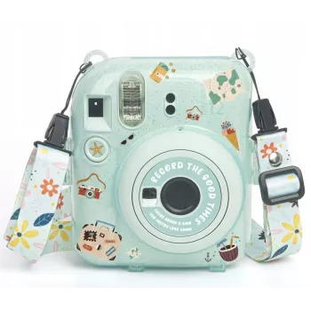 LOVEINSTANT apsauginis fotoaparato dėklas, skirtas Fujifilm Instax Mini 12, su lipdukais ir nuotraukų kišene – žalia su blizgučiais