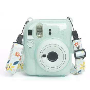 LOVEINSTANT apsauginis fotoaparato dėklas, skirtas Fujifilm Instax Mini 12, su lipdukais ir nuotraukų kišene – žalia su blizgučiais