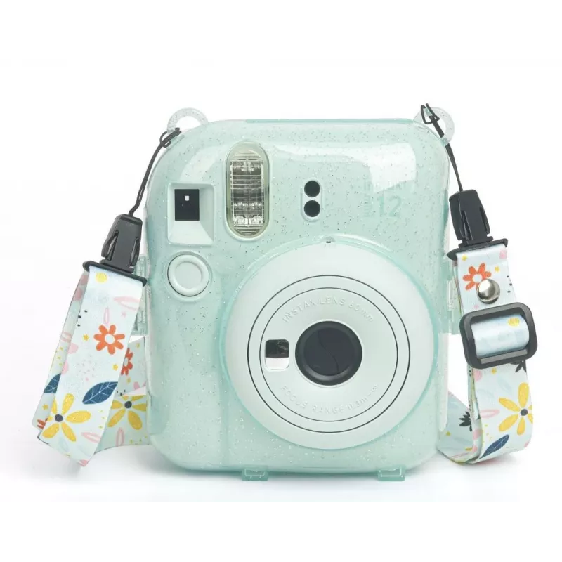 LOVEINSTANT apsauginis fotoaparato dėklas, skirtas Fujifilm Instax Mini 12, su lipdukais ir nuotraukų kišene – žalia su blizgučiais