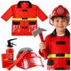 LEAN TOYS 158 Ugniagesio kostiumo rinkinys su šalmu, gesintuvu ir laužtuvu – raudonas, vieno dydžio, 3-8 m.