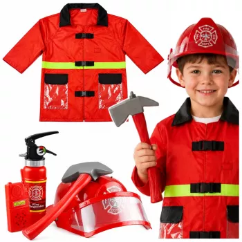 LEAN TOYS 158 Ugniagesio kostiumo rinkinys su šalmu, gesintuvu ir laužtuvu – raudonas, vieno dydžio, 3-8 m.