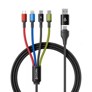 Accura 8-in-1 Universalus įkrovimo kabelis USB-A/USB-C į 2x USB-C, Lightning, Micro USB, 3.0A, 1,2 m, juodas
