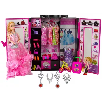 LEAN TOYS Lėlė su drabužių spinta ir persirengimo kambariu lagamine „Beauty Girl“
