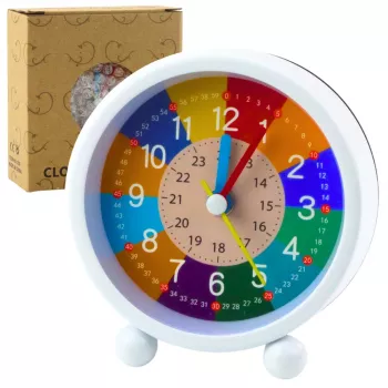 LEAN TOYS Vaikų mokomasis žadintuvas - mėlynas analoginis kvarcinis su tyliu judesiu, minučių ir sekundžių ciferblatu, snaudimo funkcija ir apšvietimu, 9 cm