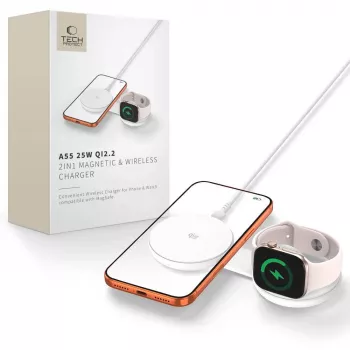 TECH-PROTECT A55 2-in-1 magnetinis MagSafe belaidis įkroviklis 25W Qi2.2 baltas