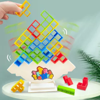 LEAN TOYS Tetris bokšto balansavimo įgūdžių žaidimas 16 kaladėlių 22 spalvų kortelės