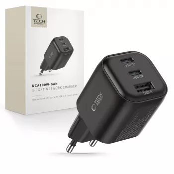 TECH-PROTECT NCA100W-GaN 3 prievadų GaN sieninis įkroviklis 100W PD 3.2 / QC3.0 juodas