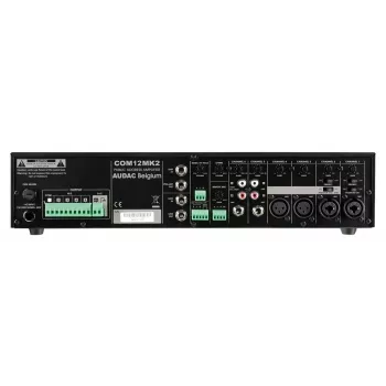 AUDAC COM12MK2 120W PA maišytuvinis stiprintuvas su 100V/70V/4Ω išėjimais, 2 mikrofonų/3 linijų įėjimais, prioriteto ir fantominiu maitinimu, 2U stelažinis, juodas
