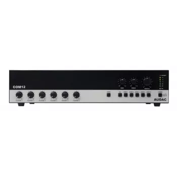 AUDAC COM12MK2 120W PA maišytuvinis stiprintuvas su 100V/70V/4Ω išėjimais, 2 mikrofonų/3 linijų įėjimais, prioriteto ir fantominiu maitinimu, 2U stelažinis, juodas