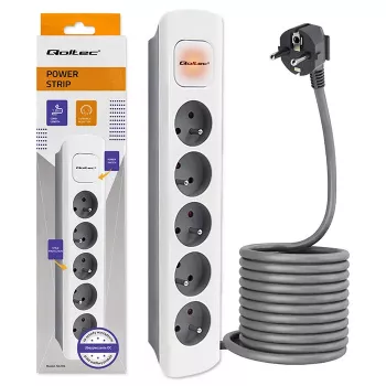 Qoltec 5-jų lizdų ilgintuvas su jungikliu, 1,8 m laidas, baltas-pilkas
