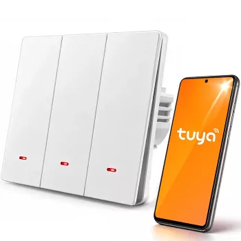 Qoltec 52707 3 kanalų išmanusis Wi-Fi šviesos jungiklis su laikmačiu, Tuya ir Smart Life, baltas