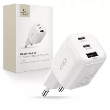 TECH-PROTECT NCA100W-GAN-AVS 3 prievadų GaN tinklo įkroviklis PD 3.2 100W / QC3.0 baltas