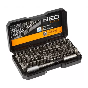 NEO TOOLS 99 dalių atsuktuvų antgalių rinkinys su rankena, S2 plieno, 1/4 inch šešiabriaunis