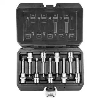 NEO TOOLS 9 dalių Torx antgalių lizdų rinkinys, 1/2 colio pavara, 100mm ilgio, chromo vanadis, dydžiai T20-T60
