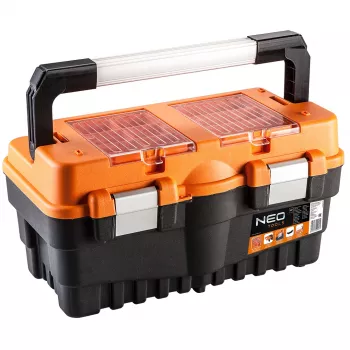 NEO TOOLS 18 dėžė įrankiams TOP-84-102 | Konsolinė 2 padėklų organizavimo sistema su metaliniais užraktais