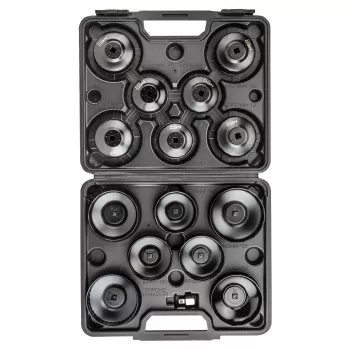 NEO TOOLS Alyvos filtro movų veržliarakčių rinkinys 16 dalių (65-100 mm, 3/8 colio pavara, puodelio tipo, daugiafunkcis, plieninis, dėkle)