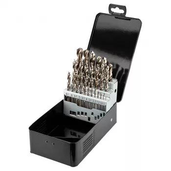 NEO TOOLS 25 vnt. HSS-Co kobalto grąžtų rinkinys metalui, 1,0–13,0 mm, pilnai šlifuoti, 135° skeltu galu, DIN 338, metaliniame dėkle