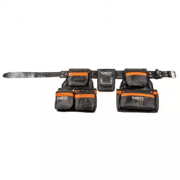 NEO TOOLS 84-330 Profesionalus įrankių diržas su 12 kišenių, tvirtas poliesteris, greito atsegimo sagtimi, reguliuojamas 80-120 cm, juoda/pilka