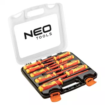 NEO TOOLS 04-142 1000V izoliuotų atsuktuvų rinkinys, 9 vnt., VDE sertifikuotas, plokšti, Phillips, Pozidriv, įtampos testeris, ergonomiškos dviejų komponentų rankenos