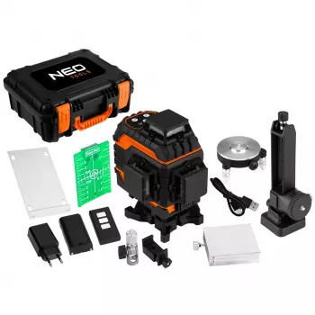 NEO TOOLS 75-140 3D lazerinis nivelyras, 12 žalių linijų, 3 x 360°, įkraunamas, su nešiojimo dėklu, taikymo plokštele, magnetiniu laikikliu, įkrovikliu