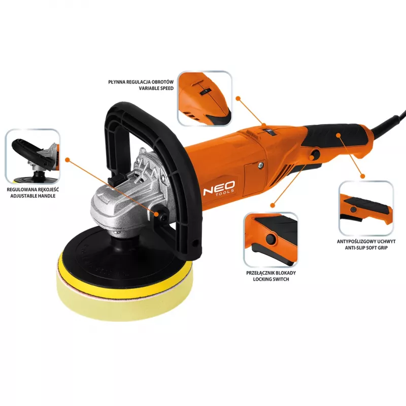 NEO TOOLS 04-701 Rotacinis poliruoklis 900W 150 mm, kintamo greičio, su minkštu paleidimu